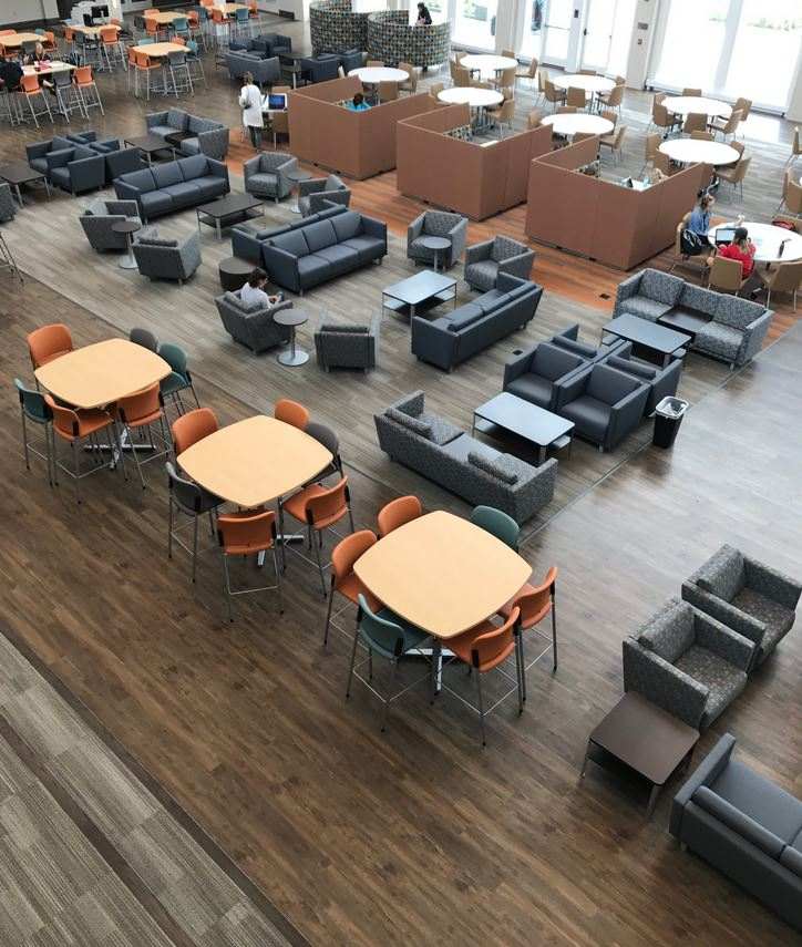 Aerial view of grey floor in restaurant