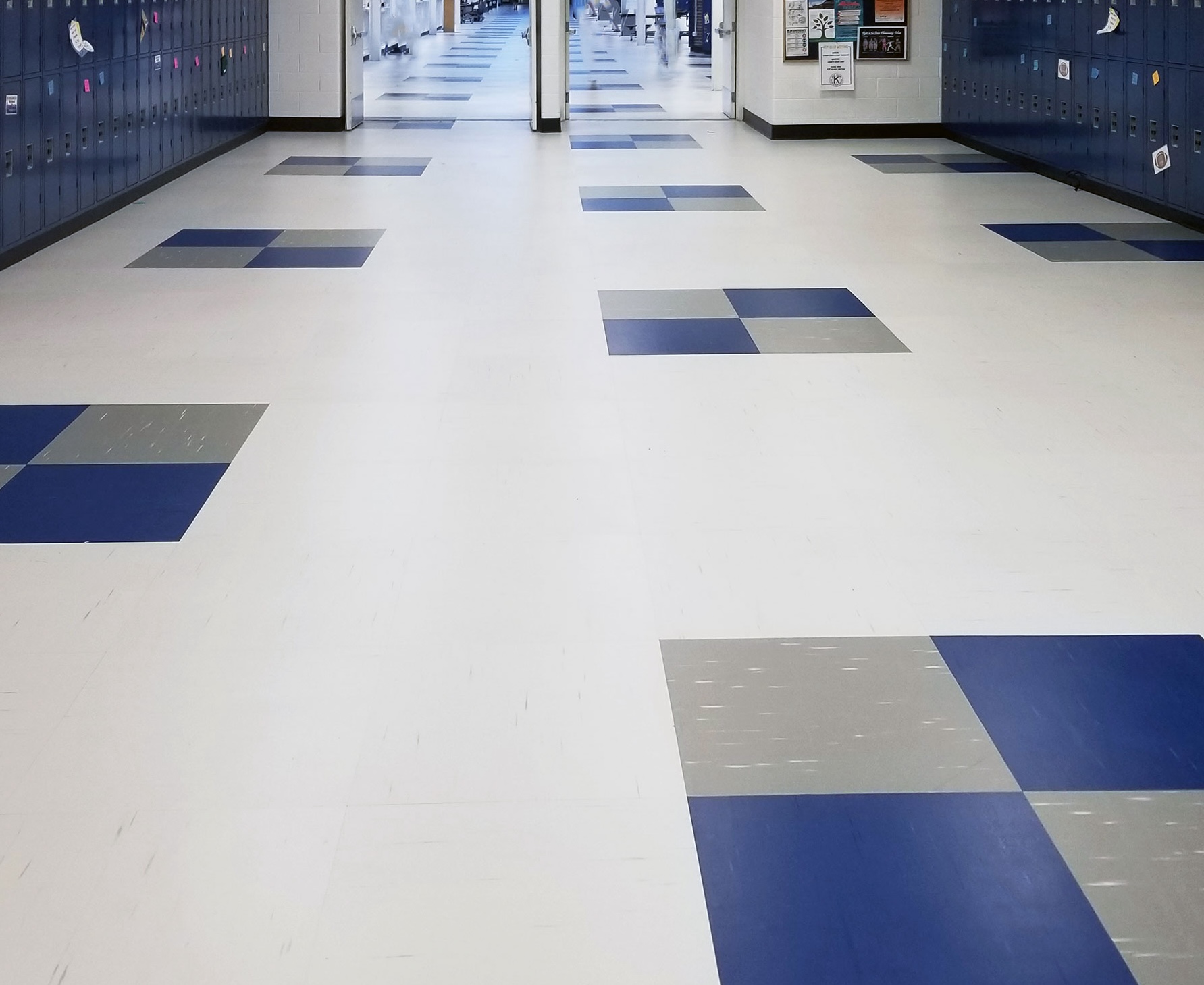 white with blue and gray tile floor